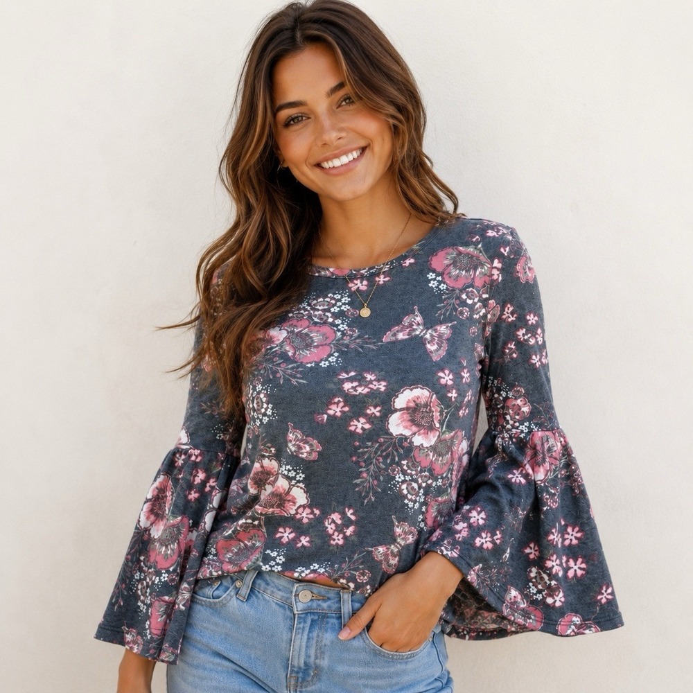 Como Vintage Floral Top Women Small Gray Pink Butterfly Bell Sleeve Girly Blouse